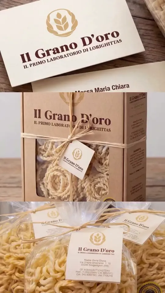 Il biglietto da visita, la confezione e i sacchetti di Il Grano d’Oro, con il suo logo